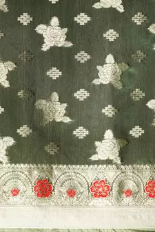 Dark Green Woven Organza Saree With Blouse