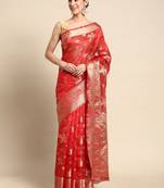 Red Woven Organza Saree With Blouse