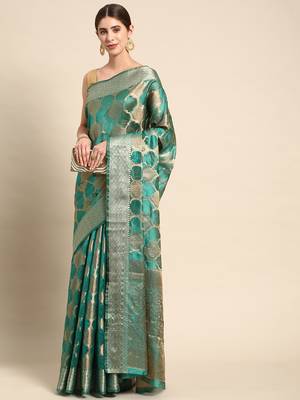 Green Woven Organza Saree With Blouse 1