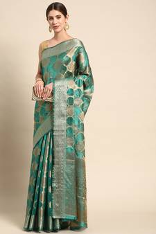 Green Woven Organza Saree With Blouse