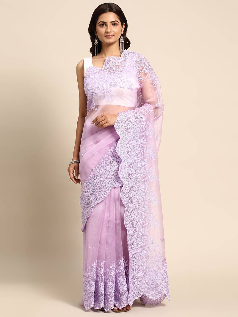 Lavender Embroidered Nylon Saree With Unstitched Blouse Piece