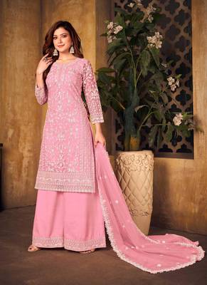 Pink Colour Heavy Cording Embroidery Work Palazzo Dress For Girls 1