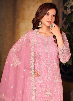 Pink Colour Heavy Cording Embroidery Work Palazzo Dress For Girls 2