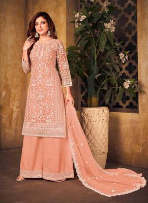 Peach Colour Heavy Cording Embroidery Work Designer Palazzo Dress For Girls 1