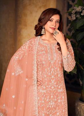 Peach Colour Heavy Cording Embroidery Work Designer Palazzo Dress For Girls 2