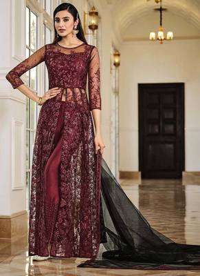 Graceful Net Fabric Ethnic Maroon Colour Bollywood Style Party Dress 1