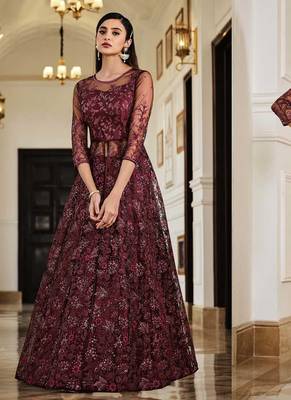Graceful Net Fabric Ethnic Maroon Colour Bollywood Style Party Dress 2