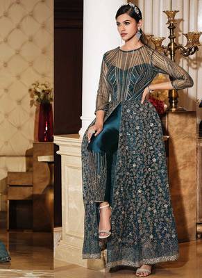 Graceful Net Fabric Ethnic Teal Blue Colour Bollywood Style Party Dress 2