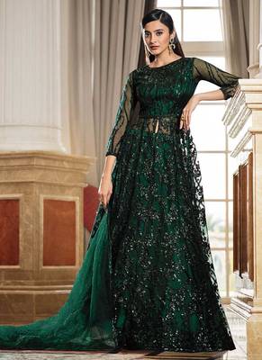 Graceful Net Fabric Ethnic Green Colour Bollywood Style Party Dress 1