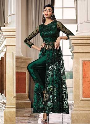 Graceful Net Fabric Ethnic Green Colour Bollywood Style Party Dress 2