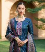 Teal-blue zari woven pashmina salwar