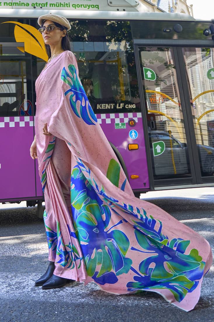 Onion pink printed crepe saree with blouse