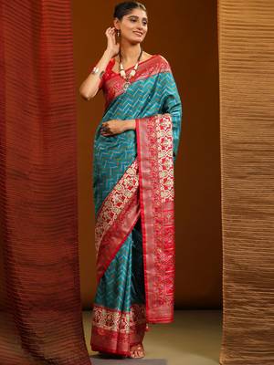 Sky Blue & Red Patola Silk Blend Saree With Blouse 1