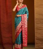 Sky Blue & Red Patola Silk Blend Saree With Blouse
