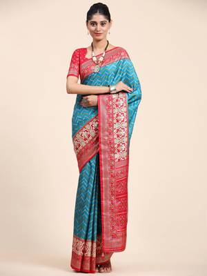 Sky Blue & Red Patola Silk Blend Saree With Blouse 2