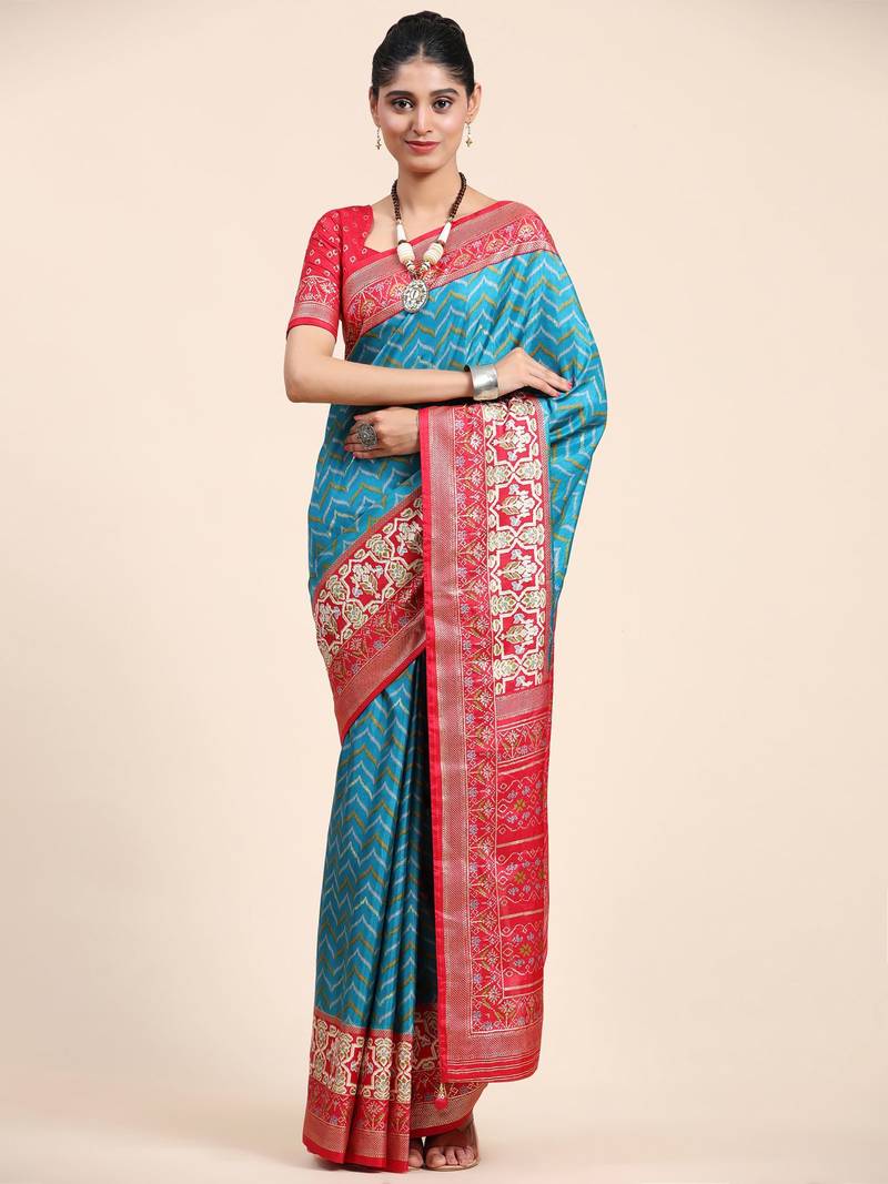 Sky Blue & Red Patola Silk Blend Saree With Blouse