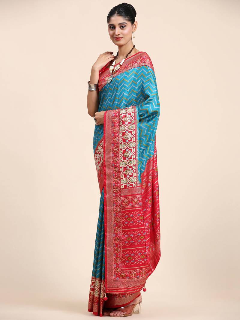 Sky Blue & Red Patola Silk Blend Saree With Blouse