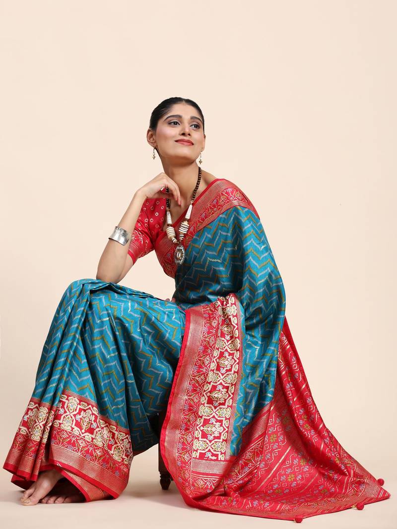 Sky Blue & Red Patola Silk Blend Saree With Blouse