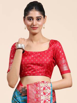 Sky Blue & Red Patola Silk Blend Saree With Blouse 5