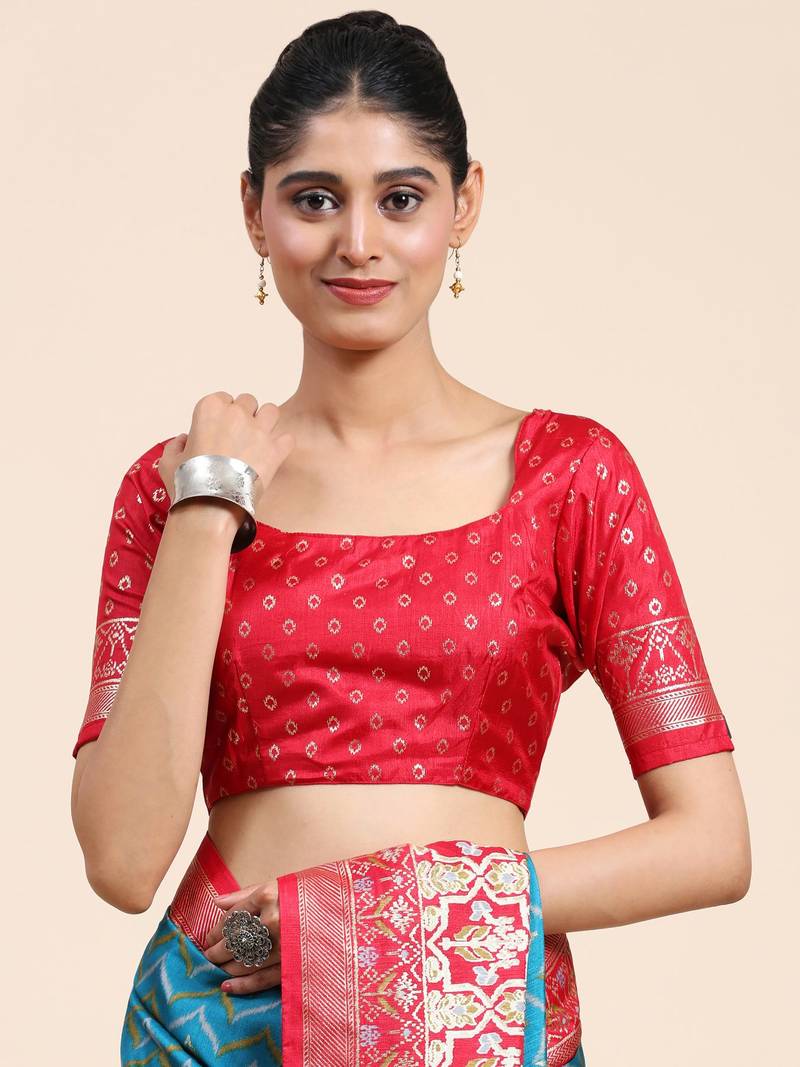 Sky Blue & Red Patola Silk Blend Saree With Blouse