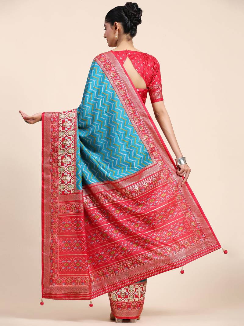Sky Blue & Red Patola Silk Blend Saree With Blouse