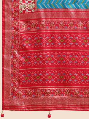 Sky Blue & Red Patola Silk Blend Saree With Blouse 7