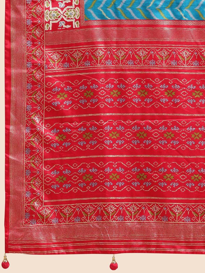 Sky Blue & Red Patola Silk Blend Saree With Blouse