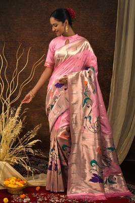 Baby pink woven paithani silk saree with blouse 1