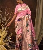 Baby pink woven paithani silk saree with blouse