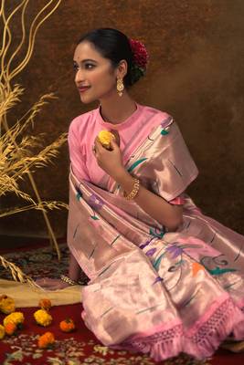 Baby pink woven paithani silk saree with blouse 2
