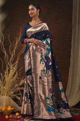 Navy blue woven paithani silk saree with blouse 1