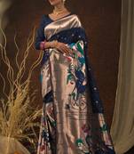 Navy blue woven paithani silk saree with blouse