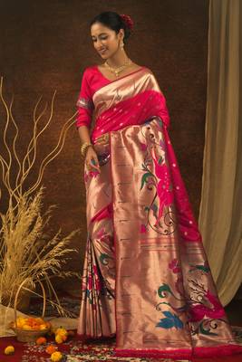 Pink woven paithani silk saree with blouse 1