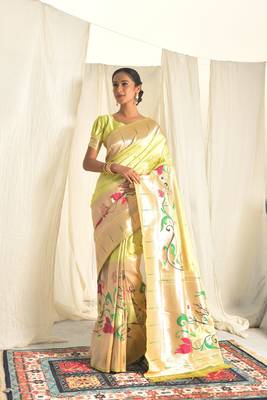 Lemon woven paithani silk saree with blouse 1