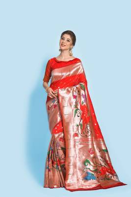 Red woven paithani silk saree with blouse 1
