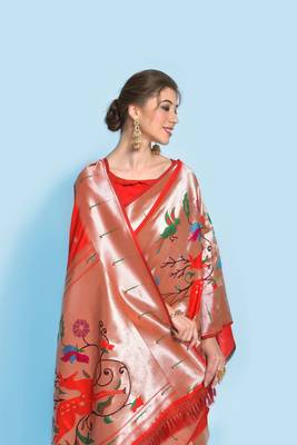 Red woven paithani silk saree with blouse 2
