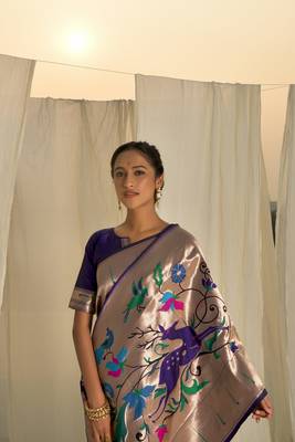 Blue woven paithani silk saree with blouse 2
