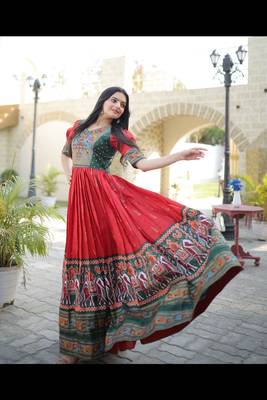Red digital print art silk salwar 1