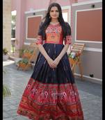 Navy-blue digital print art silk salwar