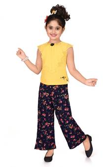 Yellow printed faux georgette girls-top-bottom