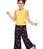 Yellow printed faux georgette girls-top-bottom