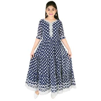 Blue printed faux georgette kids-frocks 1