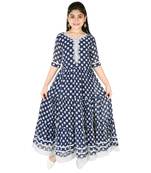 Blue printed faux georgette kids-frocks