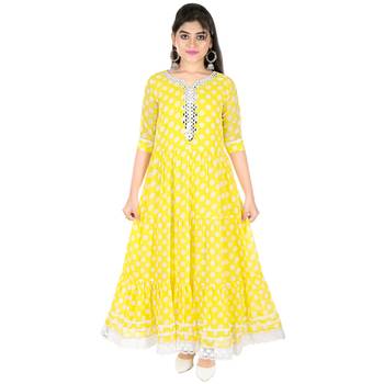 Yellow Polka Dot printed faux georgette kids-frocks 1