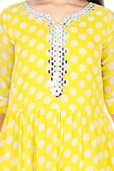 Yellow Polka Dot printed faux georgette kids-frocks