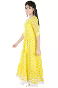Yellow Polka Dot printed faux georgette kids-frocks
