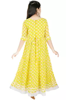 Yellow Polka Dot printed faux georgette kids-frocks