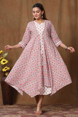 Women Pure Cotton Floral Print Ankle Length Anarkali Kurta with Jacket Dress 1