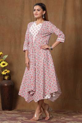 Women Pure Cotton Floral Print Ankle Length Anarkali Kurta with Jacket Dress 2
