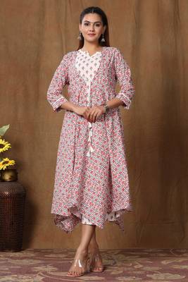 Women Pure Cotton Floral Print Ankle Length Anarkali Kurta with Jacket Dress 4
